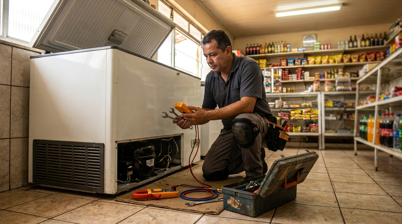Técnico realizando manutenção de motor de freezer no Centro, Campo Grande‑MS