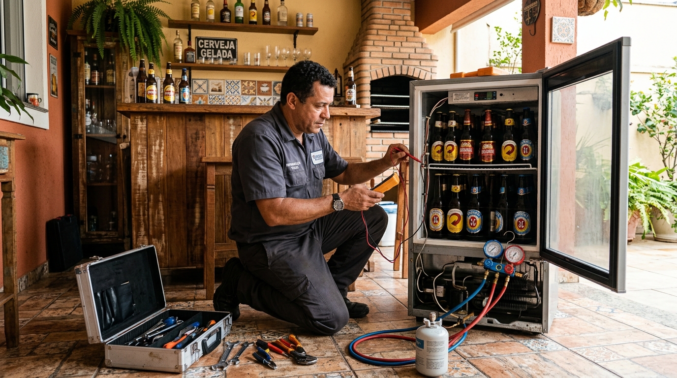 Recarga de gás refrigerante em cervejeira em atendimento no Guanandi, Campo Grande‑MS