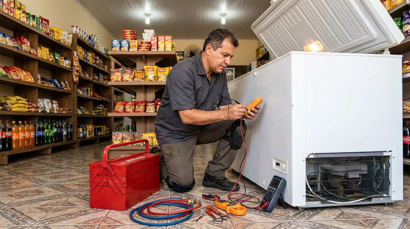 Recarga de gás refrigerante em freezer em atendimento no Centro, Campo Grande‑MS