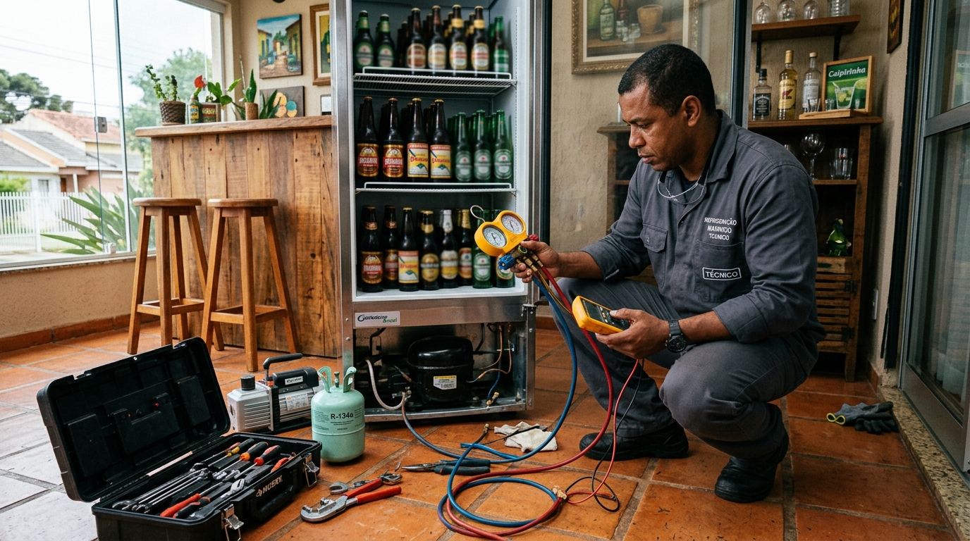 Técnico de conserto de cervejeira em residência no Guanandi, Campo Grande‑MS