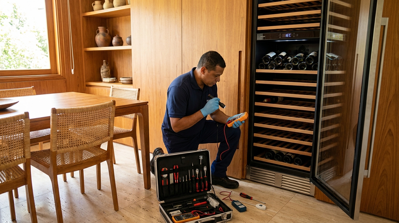 Troca de termostato de adega climatizada em atendimento técnico no Guanandi II, Campo Grande‑MS