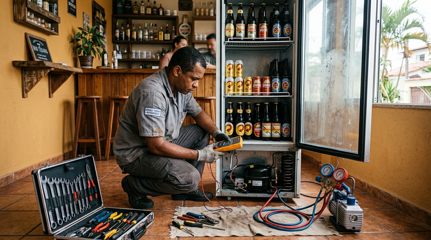 Troca de termostato de cervejeira em atendimento técnico no Guanandi, Campo Grande‑MS