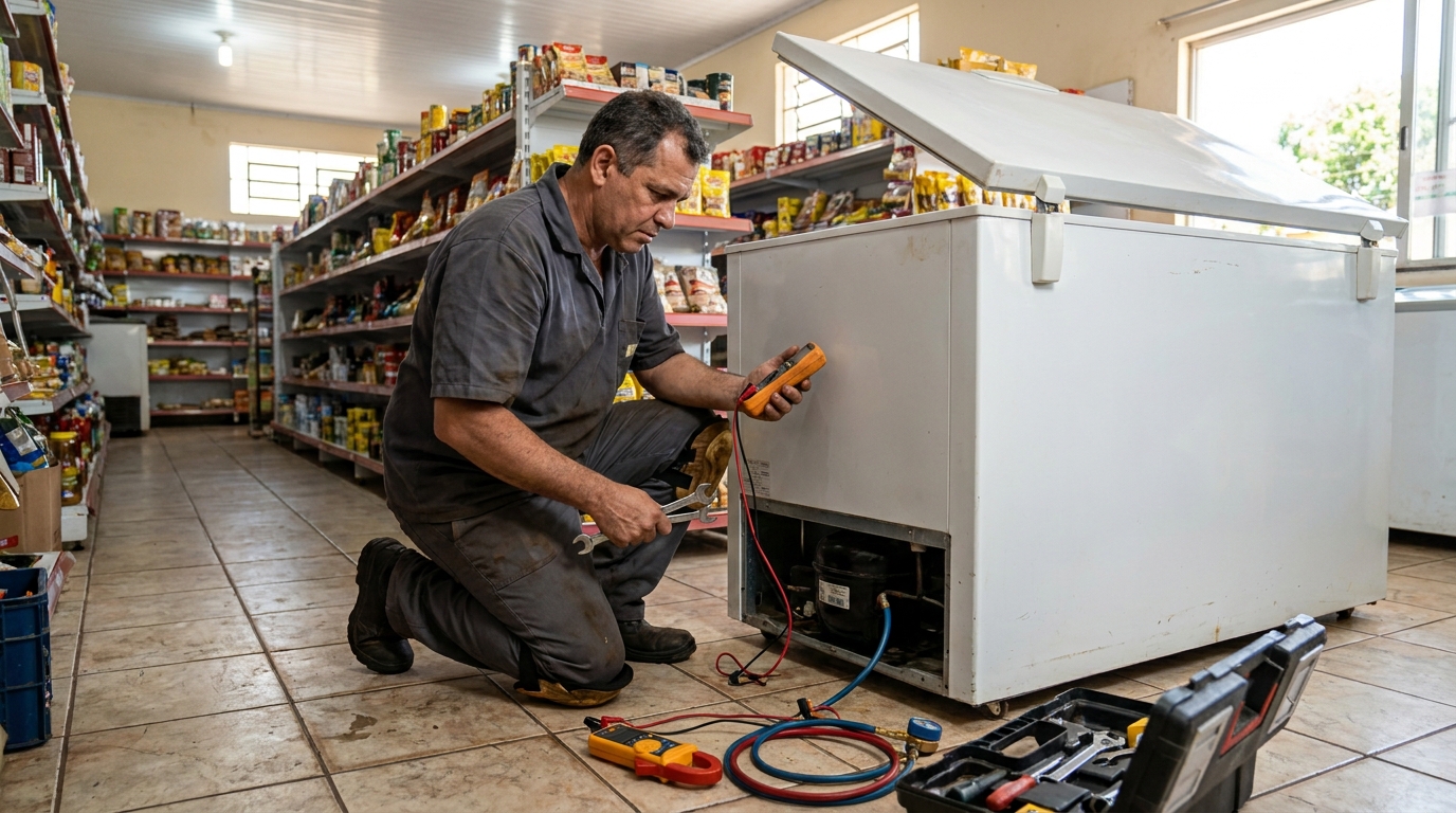 Troca de termostato de freezer em atendimento técnico no Centro, Campo Grande‑MS